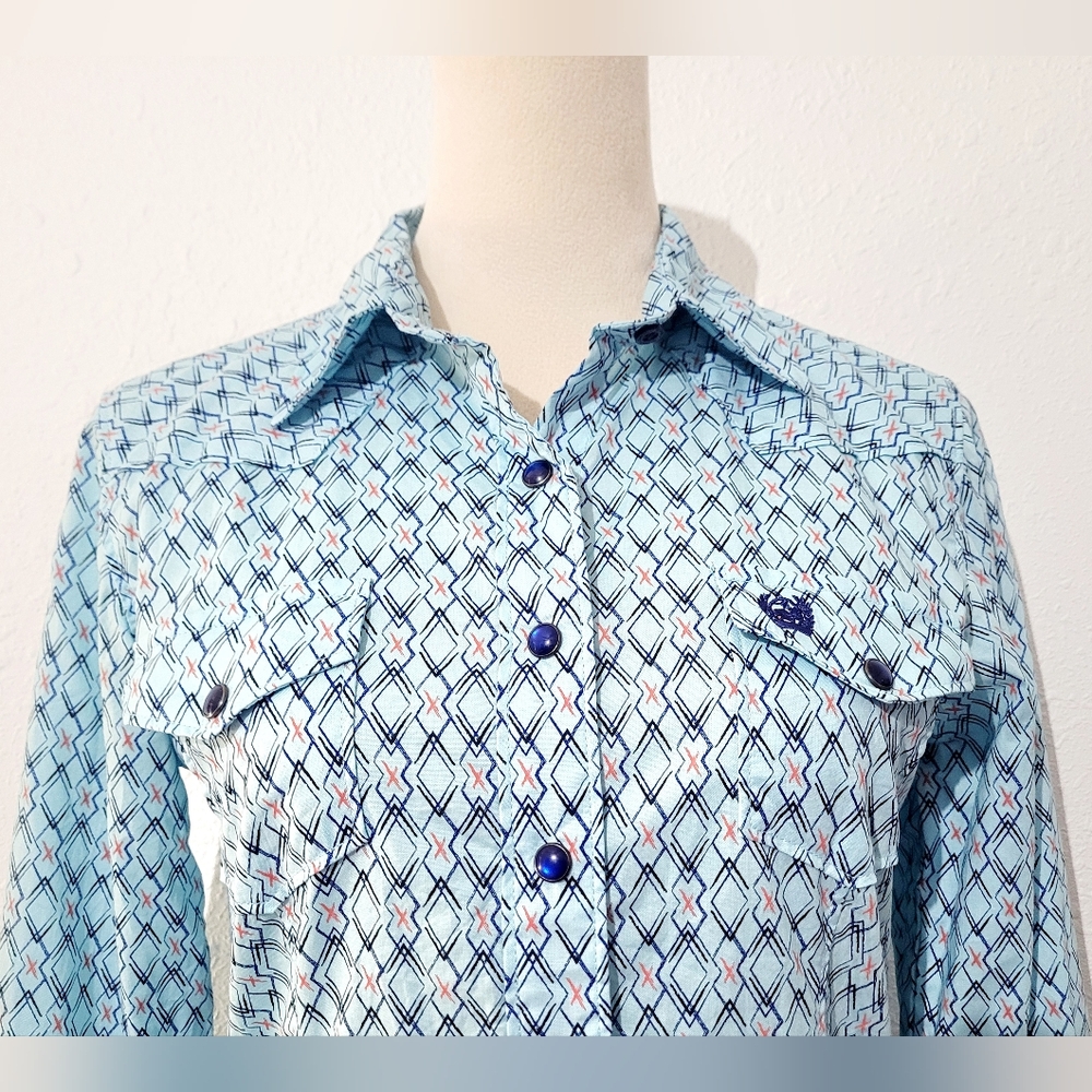 Cinch Western Shirt Women's Size Small Blue Geometric Pearl Snap 100% Cotton - Picture 3 of 14